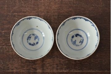 アンティーク雑貨　幕末〜明治　富長貴春銘　色絵染付蓋茶碗2客セット(和食器)(R-043102)