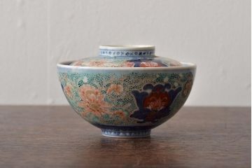 アンティーク雑貨　幕末〜明治　富長貴春銘　色絵染付蓋茶碗2客セット(和食器)(R-043102)