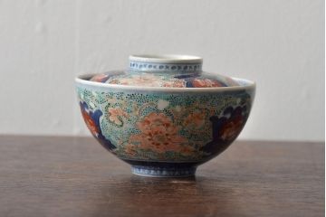 アンティーク雑貨　幕末〜明治　富長貴春銘　色絵染付蓋茶碗2客セット(和食器)(R-043102)