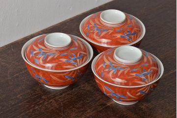 アンティーク雑貨  江戸期　古伊万里　赤絵蘭模様蓋茶碗3客セット(和食器)(R-043103)