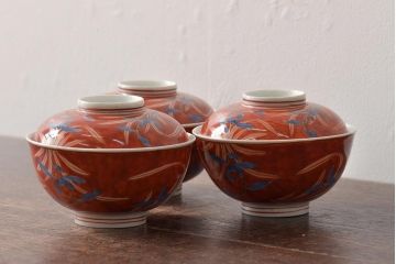 アンティーク雑貨  江戸期　古伊万里　赤絵蘭模様蓋茶碗3客セット(和食器)(R-043103)