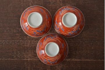 アンティーク雑貨  江戸期　古伊万里　赤絵蘭模様蓋茶碗3客セット(和食器)(R-043103)