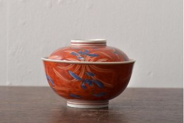 アンティーク雑貨  江戸期　古伊万里　赤絵蘭模様蓋茶碗3客セット(和食器)(R-043103)