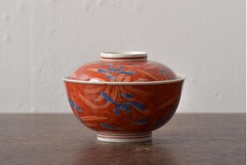 アンティーク雑貨  江戸期　古伊万里　赤絵蘭模様蓋茶碗3客セット(和食器)(R-043103)