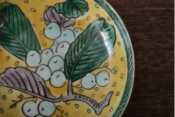 アンティーク雑貨　江戸明治期　九谷焼　角福　色絵果実染付小皿5枚セット(和食器)(R-043104)