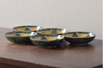 アンティーク雑貨　江戸明治期　九谷焼　角福　色絵果実染付小皿5枚セット(和食器)(R-043104)
