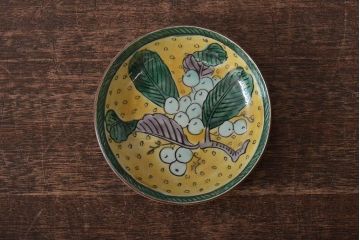 アンティーク雑貨　江戸明治期　九谷焼　角福　色絵果実染付小皿5枚セット(和食器)(R-043104)