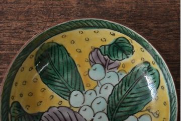 アンティーク雑貨　江戸明治期　九谷焼　角福　色絵果実染付小皿5枚セット(和食器)(R-043104)