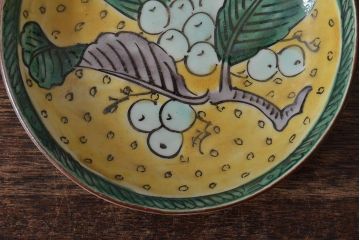 アンティーク雑貨　江戸明治期　九谷焼　角福　色絵果実染付小皿5枚セット(和食器)(R-043104)