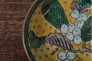アンティーク雑貨　江戸明治期　九谷焼　角福　色絵果実染付小皿5枚セット(和食器)(R-043104)