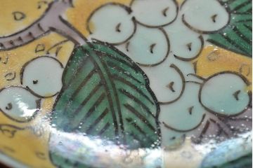 アンティーク雑貨　江戸明治期　九谷焼　角福　色絵果実染付小皿5枚セット(和食器)(R-043104)