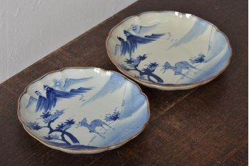 アンティーク雑貨　明治期　紅葉に鹿　7寸染付皿2枚セット(和食器、中皿)(R-043105)