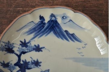 アンティーク雑貨　明治期　紅葉に鹿　7寸染付皿2枚セット(和食器、中皿)(R-043105)