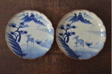 アンティーク雑貨　明治期　紅葉に鹿　7寸染付皿2枚セット(和食器、中皿)(R-043105)