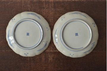 アンティーク雑貨　明治期　紅葉に鹿　7寸染付皿2枚セット(和食器、中皿)(R-043105)