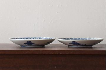アンティーク雑貨　明治期　山水図　九谷　8寸染付皿2枚セット(和食器、中皿)(R-043106)