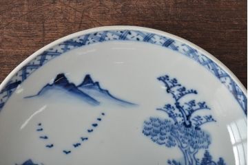 アンティーク雑貨　明治期　山水図　九谷　8寸染付皿2枚セット(和食器、中皿)(R-043106)