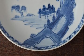 アンティーク雑貨　明治期　山水図　九谷　8寸染付皿2枚セット(和食器、中皿)(R-043106)