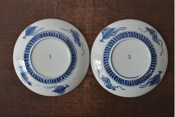 アンティーク雑貨　明治期　山水図　九谷　8寸染付皿2枚セット(和食器、中皿)(R-043106)