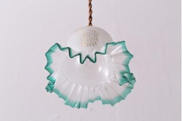 ヴィンテージ照明　イギリスビンテージ　エッチングガラスとフリルシェードがお洒落なペンダントライト(ランプシェード、天井照明)(R-043113)