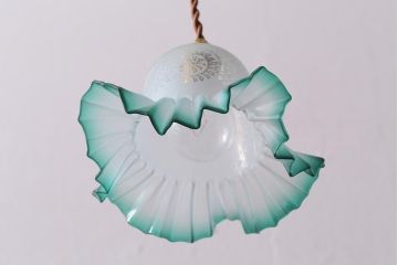 ヴィンテージ照明　イギリスビンテージ　エッチングガラスとフリルシェードがお洒落なペンダントライト(ランプシェード、天井照明)(R-043118)