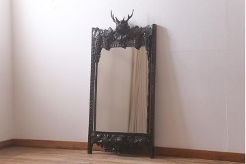 ヴィンテージ家具　鹿・葡萄　彫刻が目を引く木製ウォールミラー(壁掛け鏡、姿見、ビンテージ)(R-043121)