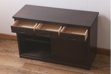 ラフジュ工房オリジナル　前面栗材　引き出し付き　明治期の味わい深い古建具を使ったリメイクローボード(テレビ台、収納棚、戸棚)(R-043216)