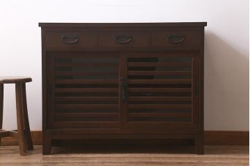ラフジュ工房オリジナル　古建具リメイク　脚付き　上品な和の風情感じる引き出し付きローボード(戸棚、収納棚、テレビボード)(R-043220)