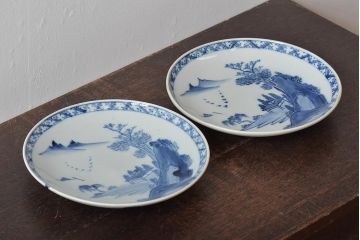 アンティーク雑貨　明治期　山水図　九谷　8寸染付皿2枚セット(和食器)(R-043223)