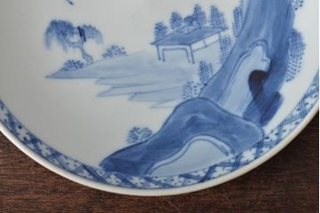 アンティーク雑貨　明治期　山水図　九谷　8寸染付皿2枚セット(和食器)(R-043223)