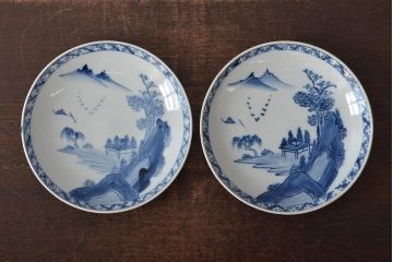 アンティーク雑貨　明治期　山水図　九谷　8寸染付皿2枚セット(和食器)(R-043223)