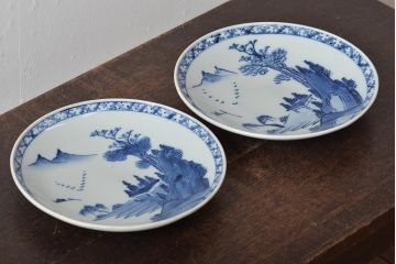 アンティーク雑貨　明治期　山水図　九谷　8寸染付皿2枚セット(和食器)(R-043224)