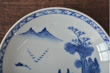アンティーク雑貨　明治期　山水図　九谷　8寸染付皿2枚セット(和食器)(R-043224)
