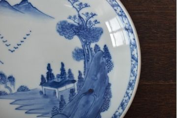 アンティーク雑貨　明治期　山水図　九谷　8寸染付皿2枚セット(和食器)(R-043224)