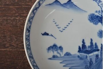 アンティーク雑貨　明治期　山水図　九谷　8寸染付皿2枚セット(和食器)(R-043224)
