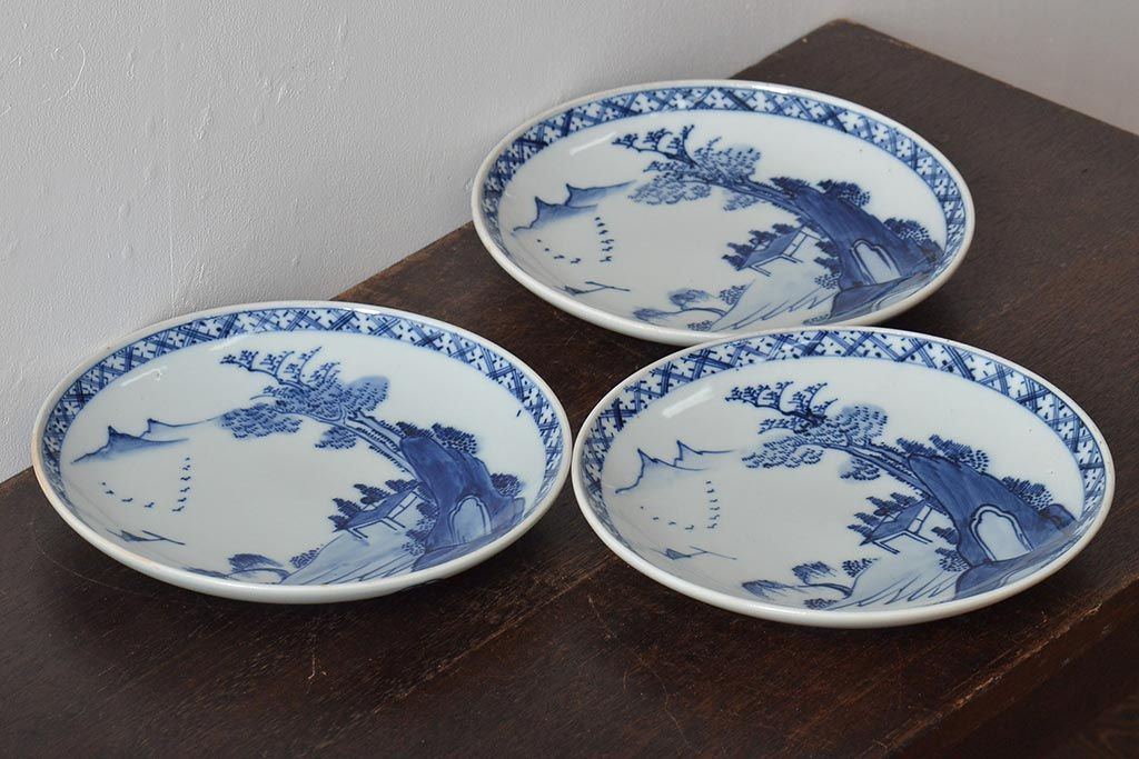 アンティーク雑貨　明治期　山水図　九谷　8寸染付皿3枚セット(和食器)(R-043225)