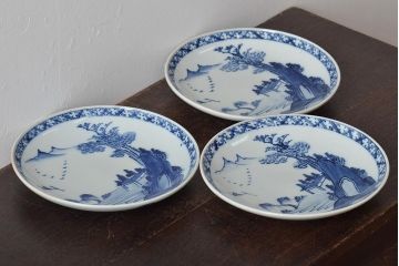 アンティーク雑貨　明治期　山水図　九谷　8寸染付皿3枚セット(和食器)(R-043225)