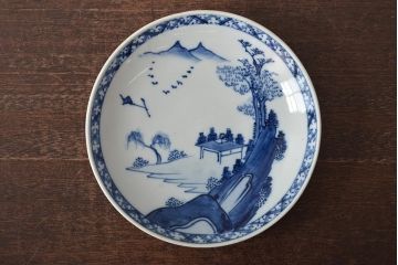 アンティーク雑貨　明治期　山水図　九谷　8寸染付皿3枚セット(和食器)(R-043225)