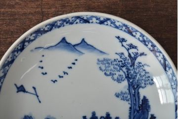 アンティーク雑貨　明治期　山水図　九谷　8寸染付皿3枚セット(和食器)(R-043225)