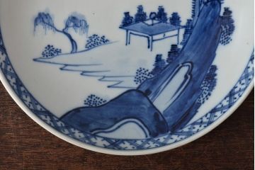 アンティーク雑貨　明治期　山水図　九谷　8寸染付皿3枚セット(和食器)(R-043225)