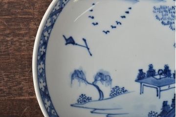 アンティーク雑貨　明治期　山水図　九谷　8寸染付皿3枚セット(和食器)(R-043225)