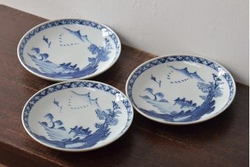 アンティーク雑貨　明治期　山水図　九谷　8寸染付皿3枚セット(和食器)(R-043225)