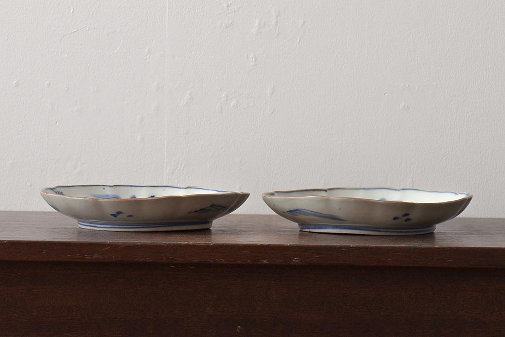 アンティーク雑貨　明治期　紅葉に鹿　7寸染付皿2枚セット(和食器)(R-43226)