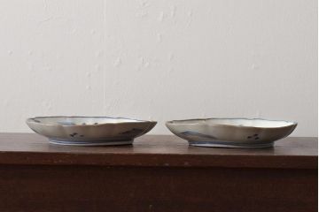 アンティーク雑貨　明治期　紅葉に鹿　7寸染付皿2枚セット(和食器)(R-43226)