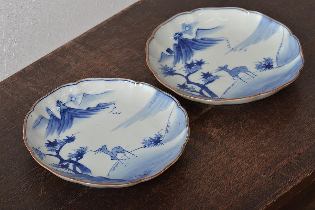 アンティーク雑貨　明治期　紅葉に鹿　7寸染付皿2枚セット(和食器)(R-43226)