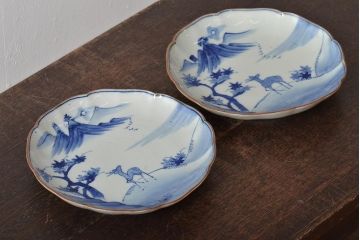 アンティーク雑貨　明治期　紅葉に鹿　7寸染付皿2枚セット(和食器)(R-43226)