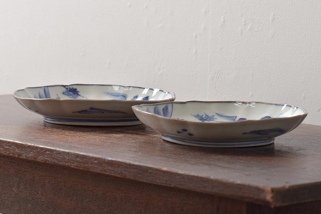 アンティーク雑貨　明治期　紅葉に鹿　7寸染付皿2枚セット(和食器)(R-43226)