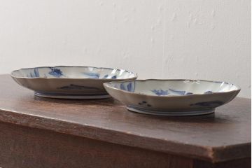 アンティーク雑貨　明治期　紅葉に鹿　7寸染付皿2枚セット(和食器)(R-43226)