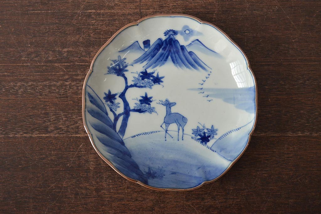 アンティーク雑貨　明治期　紅葉に鹿　7寸染付皿2枚セット(和食器)(R-43226)