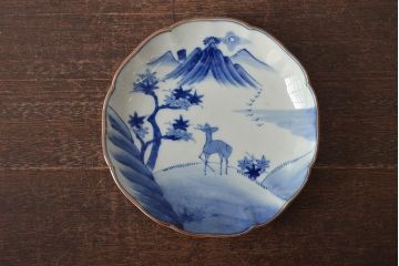 アンティーク雑貨　明治期　紅葉に鹿　7寸染付皿2枚セット(和食器)(R-43226)